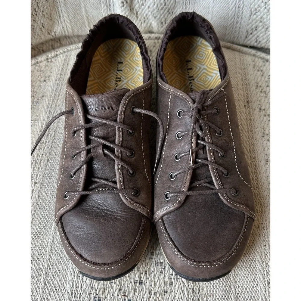 LL Bean Sneaker Womens 9.5 M Brown Leather Shoes Athletic Casual Lace Up Outdoor
